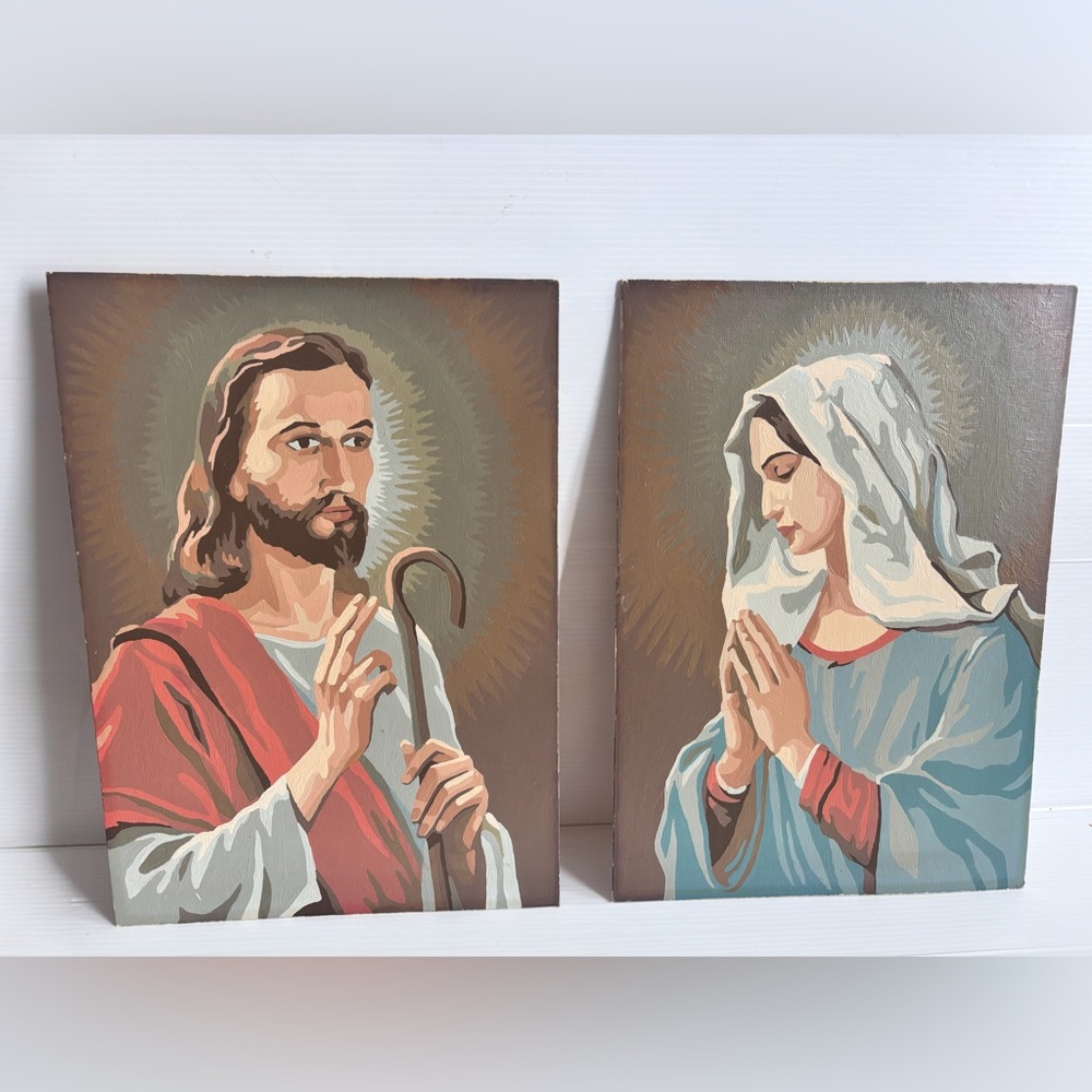 Vintage Jesus and Virgin Mary Religious Wall Art Set